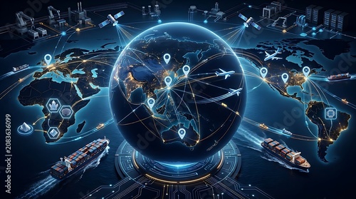 Global logistics and transportation network with cargo ships airplanes and satellites connecting world maps  international trade and communication systems