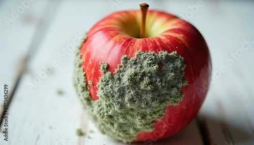 Red apple has green mold growing on its side. This spoiled fruit is inedible and dangerous. Rotten produce shows decay and rot. Food waste concept.