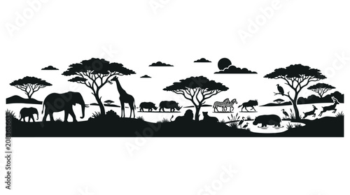 Photography African savanna animal silhouettes landscape.