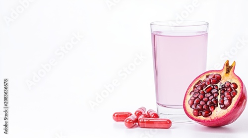 Pomegranate, vitamin capsules and infused water glass on white, clean healthcare and wellness composition.