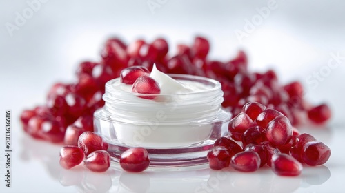 Organic skincare product with superfood pomegranate, bright minimal beauty flat lay for wellness visuals.