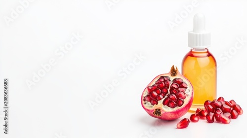 Pomegranate extract ampoules and fresh fruit half isolated on white, clean medical skincare and antioxidant wellness concept.