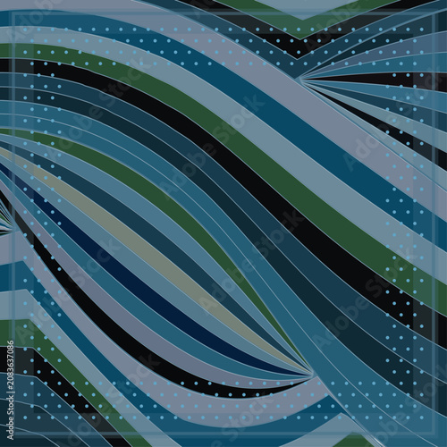 Konstfotografi An elegant abstract vector artwork showcasing overlapping curved bands in blue, green, black, and gray