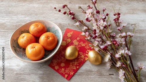 Minimalist still life of Chinese New Year items on rustic wooden background with soft daylight.