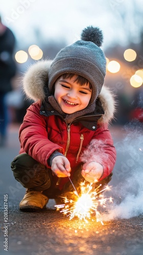 Candid festive moment capturing wonder and excitement of Lunar New Year night.