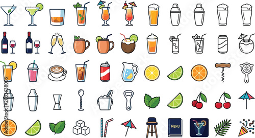 Schilderij op canvas Cocktail and bar drink line icon set featuring tropical beverages alcohol glasse