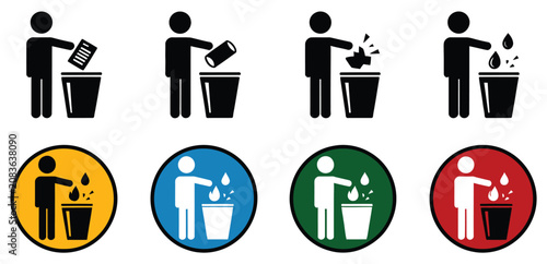 Tableau sur toile Disposal Icon Collection Featuring People Putting Waste into Bins with Proper Tr