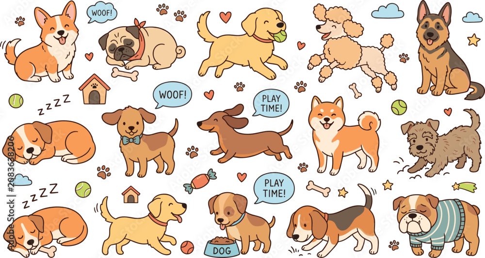 Obraz premium Cute dog vector illustration sticker set featuring corgi retriever pug dachshund and beagle cartoon puppy characters