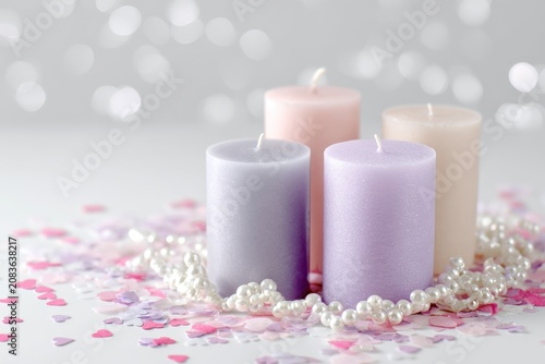 Romantic pastel candle set with soft glow and pearls — perfect for Valentine’s visuals.