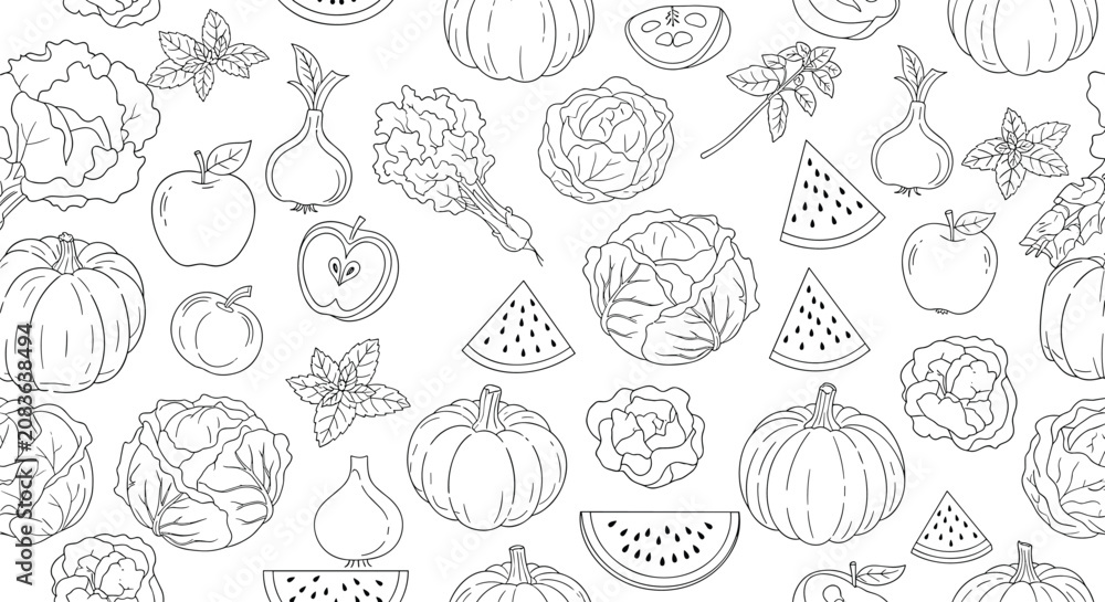 Fototapeta premium Seamless line art outline pattern of fresh fruits and vegetables on a white background for healthy eating designs.