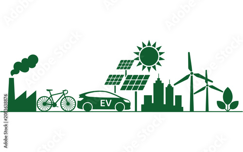 Sustainable future vision with green energy concept depicting solar panels, wind turbines, electric car, and factory.