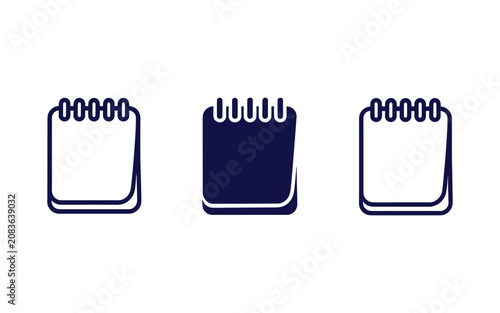 Spiral notebook icon in different styles, including outline, solid blue, and a blue outline with a purple shadow effect.