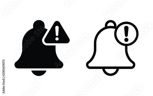 Notification bell icon with an exclamation mark, presented in both solid black and outline styles on transparent background.