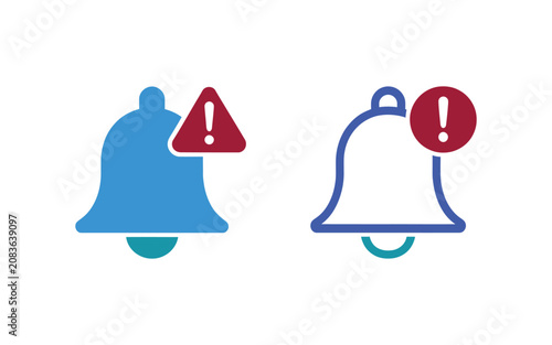 Notification bell icon with an exclamation mark, depicted in solid blue and outline styles with red warning accents.