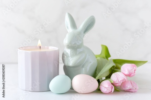 Soft and modern minimal Easter decor in gentle spring tones.