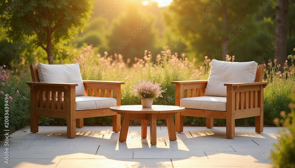 Fototapeta premium Wooden chairs and table on patio. Sunny garden with flowers and trees. Outdoor furniture set arranged for relaxation. Peaceful backyard scene. Warm sunlight illuminates scene.