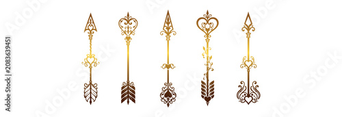 Set of five ornate vintage arrow icons golden metallic color.