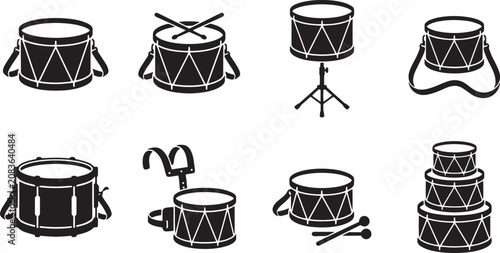 Drum set, drum icons, black drum illustrations, musical instruments, vector drums isolated on Transparent Background