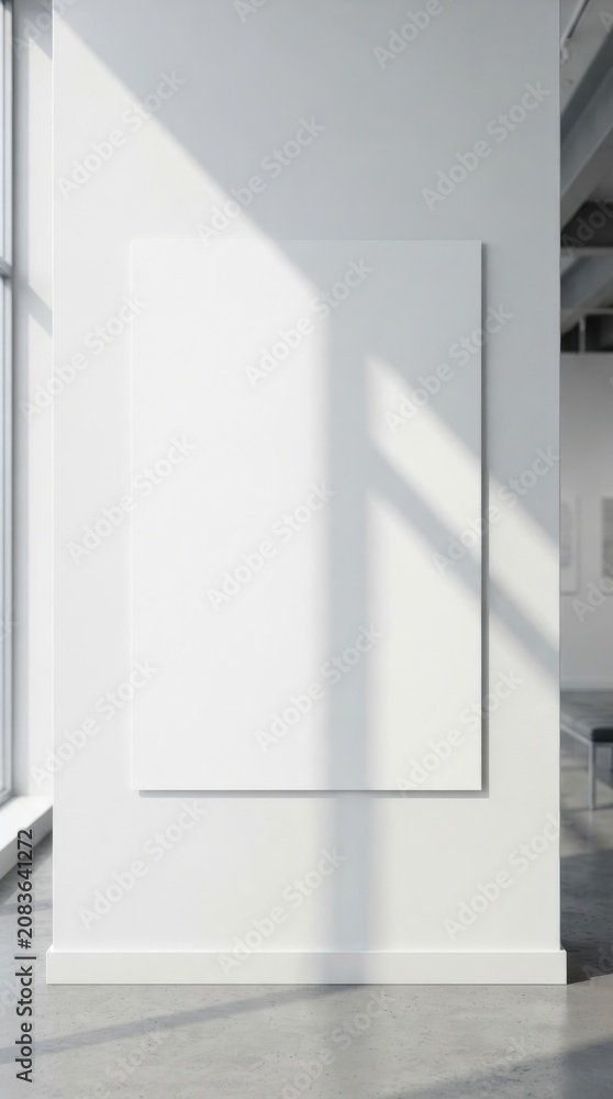 Fototapeta premium Blank vertical poster mockup on art gallery wall with sunlight shadows