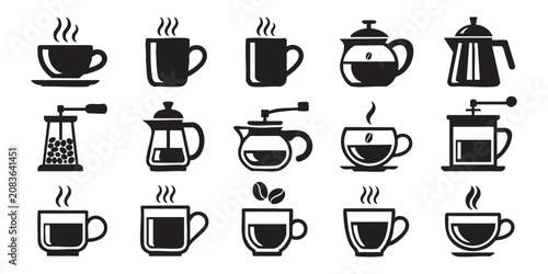 Bild auf Leinwand Set of coffee icons, coffee cups, coffee pots, and other items for making coffee