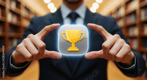 Achievement recognition platform for rewarding top results with a trophy symbol, supporting employee awards, competition winners and milestone celebration in an organization