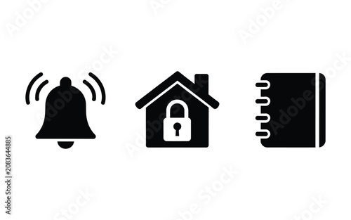 Set of black linear vector icons containing bell alert notification symbol secure home padlock logo and spiral notebook stationery.