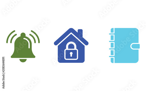 Collection of vibrant icons featuring bell notification secure home building lock and small daily planner notebook diary object.