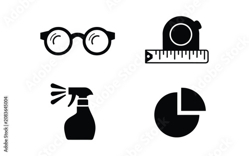 Black silhouette icons of round glasses retractable tape measure chemical spray bottle and pie chart on transparent background set.