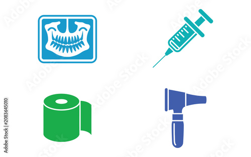 Set of colorful medical icons including dental tooth xray blue syringe green toilet paper and purple otoscope instrument objects.