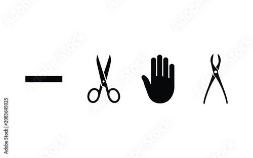 Black minimalist icons set featuring minus sign metal scissors human palm hand and medical dental forceps on transparent backdrop.