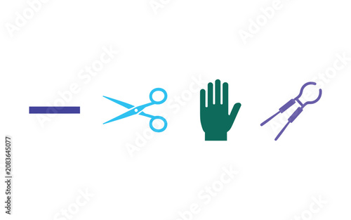 Selection of colorful icons including minus button pair of scissors open palm hand and heavy industrial metal workshop tongs tool.