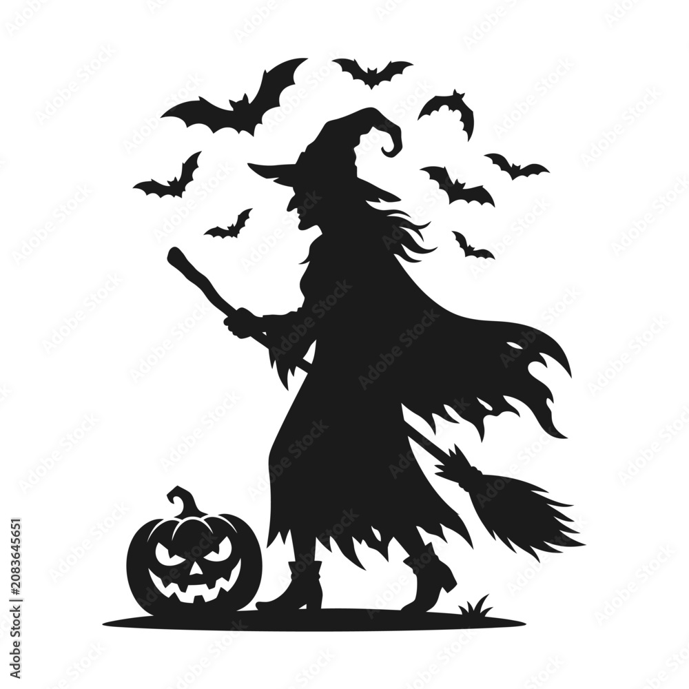 Fototapeta premium Halloween black witch silhouette vector illustration, pumpkin and bats halloween holiday icon set, spooky cartoon character magic symbol for celebration party design