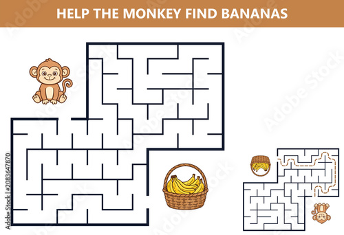 Canvas Print Monkey and banana maze puzzle on white background