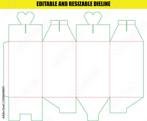 Flat box packaging template featuring a lovely heart shape handle for gift products or favors