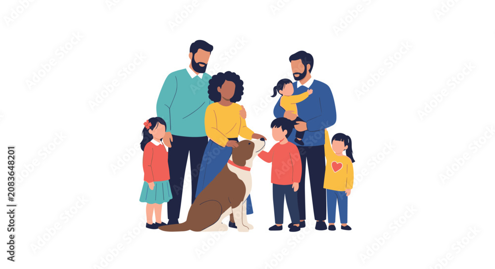 Fototapeta premium Multi-generational diverse family with children stands together happily with their large brown and white pet dog.
