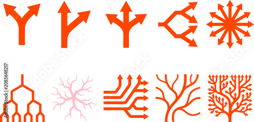 Orange Branching Arrow and Flowchart Connection Vector Icon Set for Business Strategy, Data Mapping & Organizational Structure (EPS)