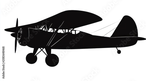 Vintage biplane silhouette, side view, white background, aviation history illustration