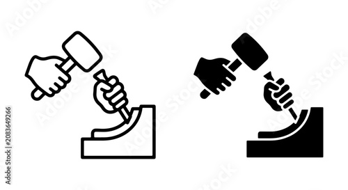 Tableau sur toile Sculpting Tools Icon Set, Stone Carving Mallet and Chisel, Craftsmanship Vector
