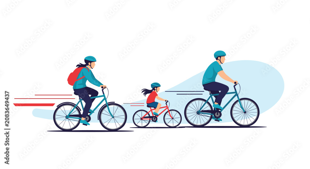 Fototapeta premium Active family with parents and young daughter riding bicycles fast in the park in minimalist flat vector illustration.
