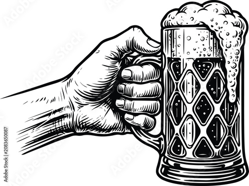Vintage engraving of a hand gripping a full beer stein with frothy head isolated on transparent background