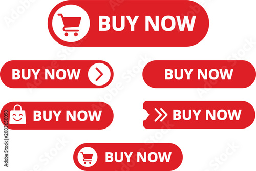 Buy Now Buttons and Arrows Set in Red and White Bold Design Vector Illustration