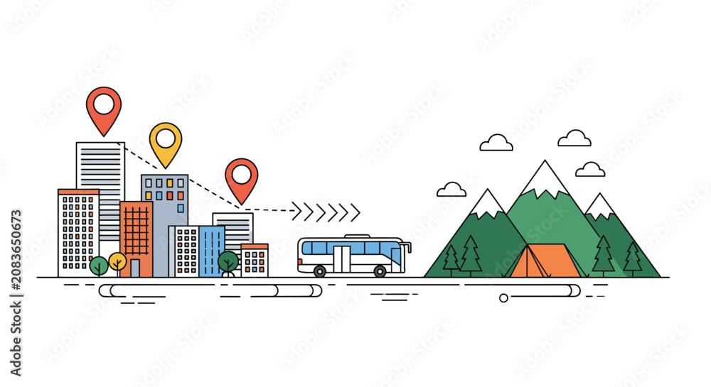 Obraz premium Linear conceptual illustration of a bus journey from a skyscraper city to a peaceful mountain campsite with a tent.
