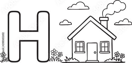 Letter H for House Coloring Page for Kids Alphabet Learning Worksheet, Cute House with Letter H Educational Coloring Book Page for Children