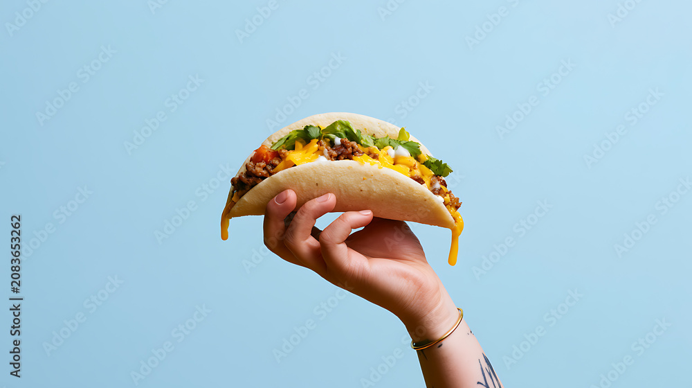 Naklejka premium Delicious handheld soft taco with savory beef, fresh lettuce, and melted cheese held against a vibrant blue sky background