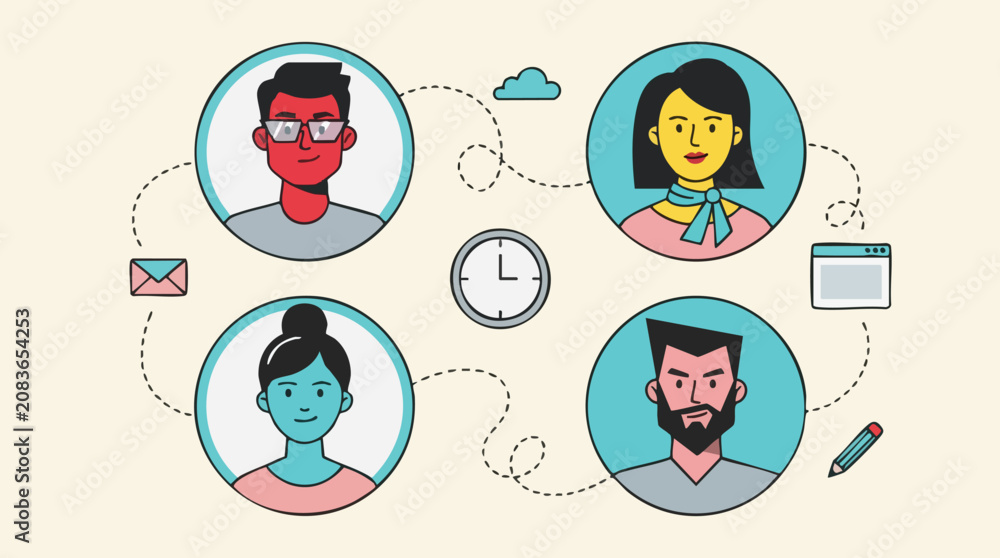 Fototapeta premium Remote team in circular frames collaborating online