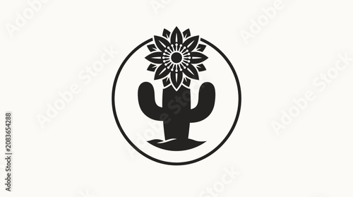 Stylized Cactus with Flower Illustration in Circular Frame.