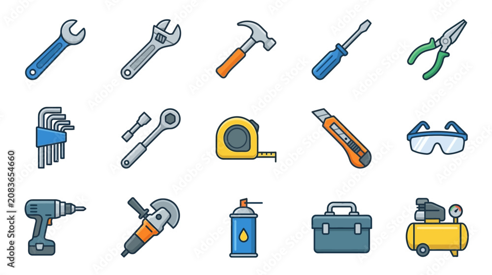 Obraz premium Minimalist Colorful Set of 15 Essential Hand Tools and Safety Gear Illustrated in Flat Design Style