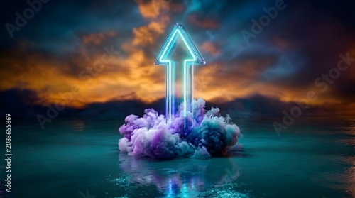 Neon glowing arrow symbol pointing upward rising from colorful smoke clouds on surface.