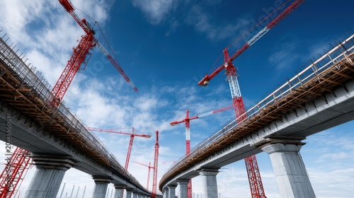 Industrial construction site with heavy cranes and concrete bridge infrastructure