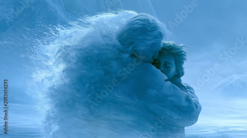 A romantic hug between a human and a being made of snow and icy wind in a frozen landscape